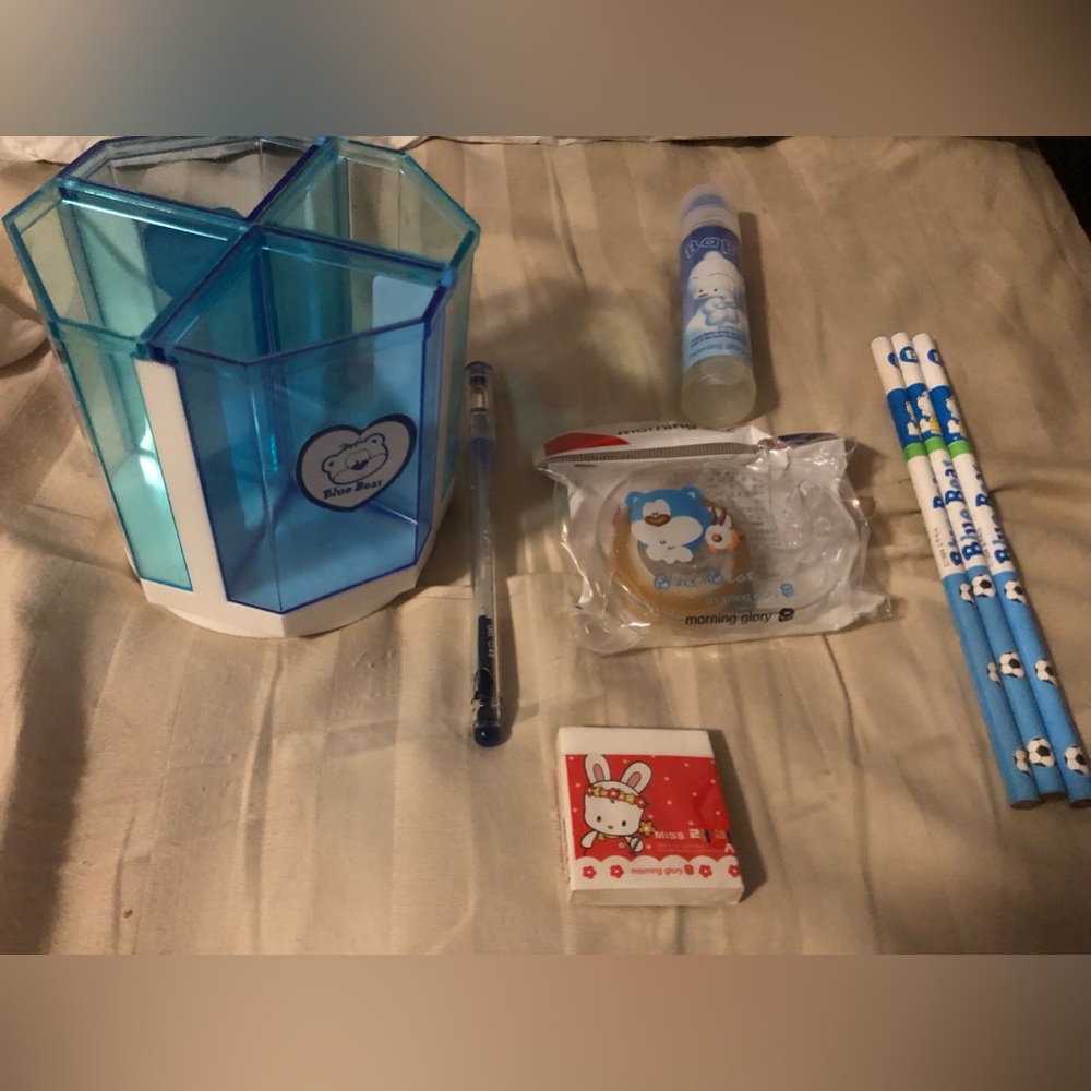 Blue Bear Morning Glory Pencil Pen  Tape Glue Eraser Spinning Carousel New